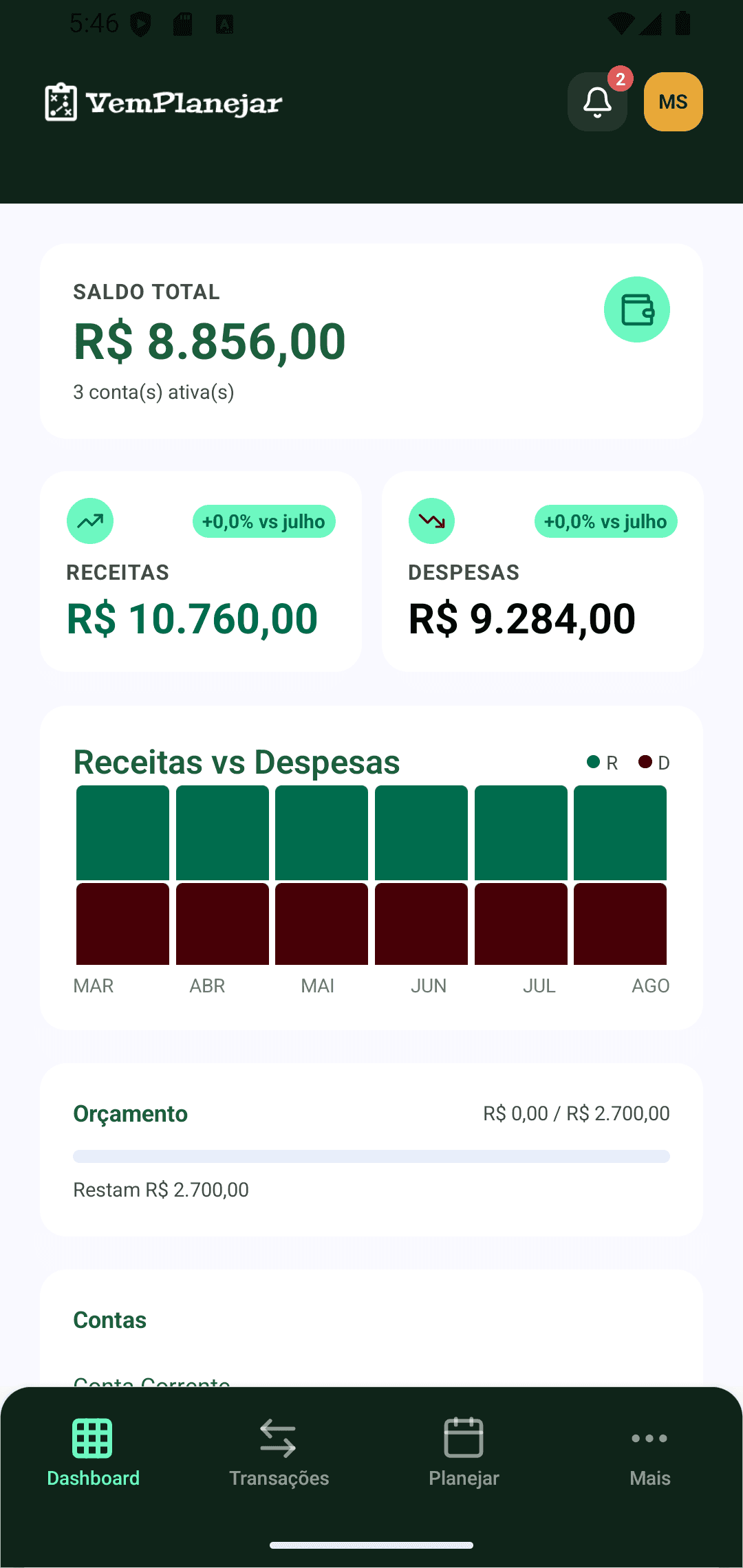 Aplicativo VemPlanejar no celular